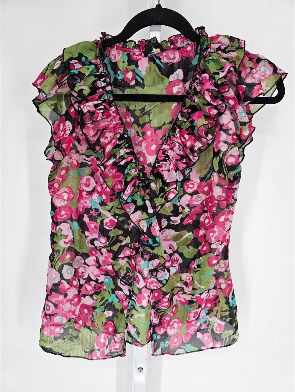 Nicole by Nicole Miller Multicolored Ruffle V-Neck Short Sleeve Blouse Size M